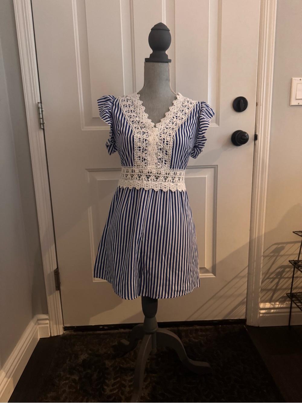 Blue and White Striped Crochet Detail Romper